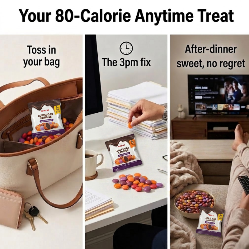 POINTS! Dark Chocolate snack packs in a tote bag, on a desk and next to a candy bowl on the couch