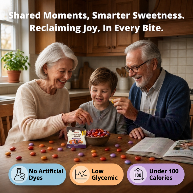 Grandparents and grandson sharing POINTS! Dark Chocolate candies at the kitchen table
