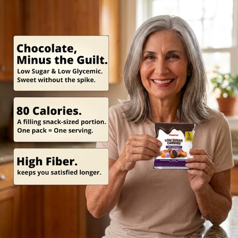 Smiling woman holding a single-serve pack of POINTS! Low Sugar Dark Chocolate candies in both hands, with notes: low sugar and low glycemic, 80 calories, high fiber
