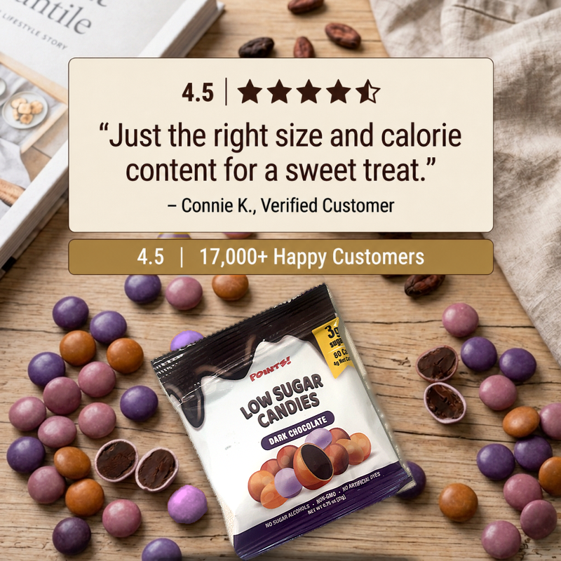 4.5 star review: Just the right size and calorie content for a sweet treat, with a POINTS! Dark Chocolate pack on scattered candies