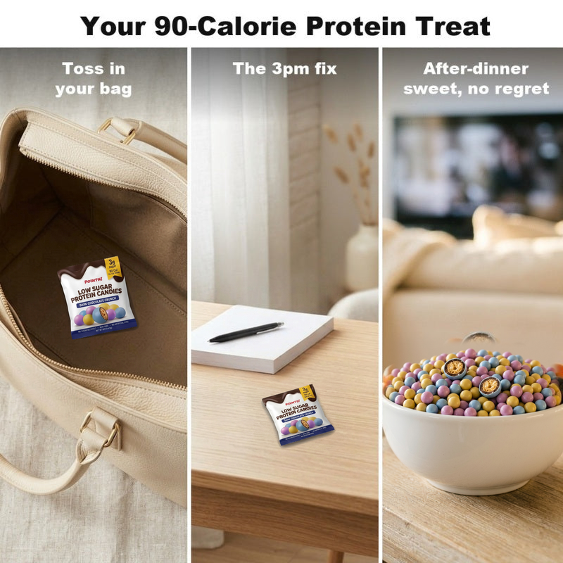 POINTS! Dark Chocolate Crunch snack packs in a tote bag, on a desk and next to a bowl of mini crunch candies