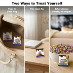 POINTS! Dark Chocolate and Dark Chocolate Crunch snack packs in a tote bag, on a desk and by a bowl of mini crunch candies