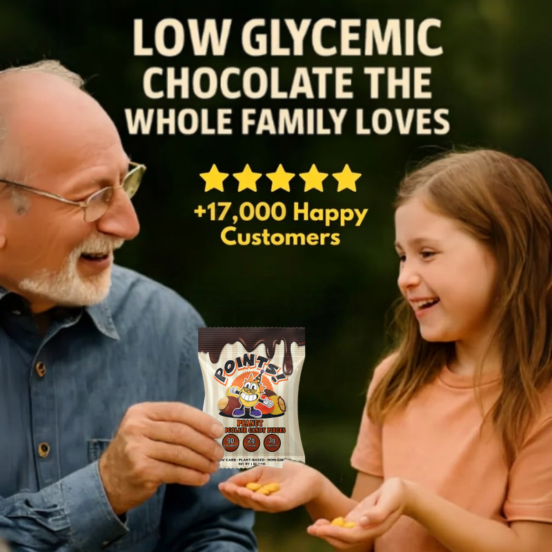 Grandfather holding a POINTS! Peanut snack pack and sharing candies with his granddaughter