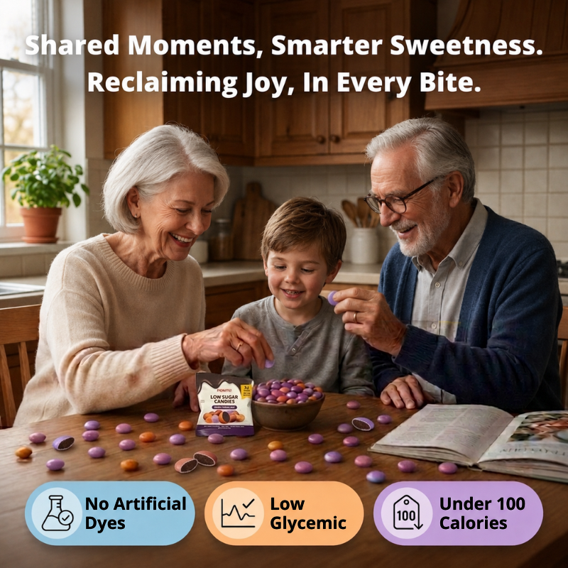 Grandparents and grandson sharing purple, mauve and orange POINTS! Dark Chocolate candies at the kitchen table