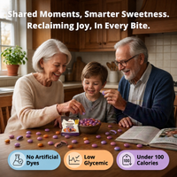 Grandparents and grandson sharing purple, mauve and orange POINTS! Dark Chocolate candies at the kitchen table