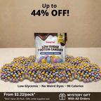 POINTS! Low Sugar Dark Chocolate Crunch protein candies pack on a pile of tiny yellow, blue and lavender candies, up to 44% off, from $2.22 a pack