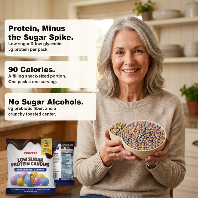 Smiling woman holding a bowl of tiny POINTS! Dark Chocolate Crunch mini candies, with notes: 5g protein, 90 calories, no sugar alcohols