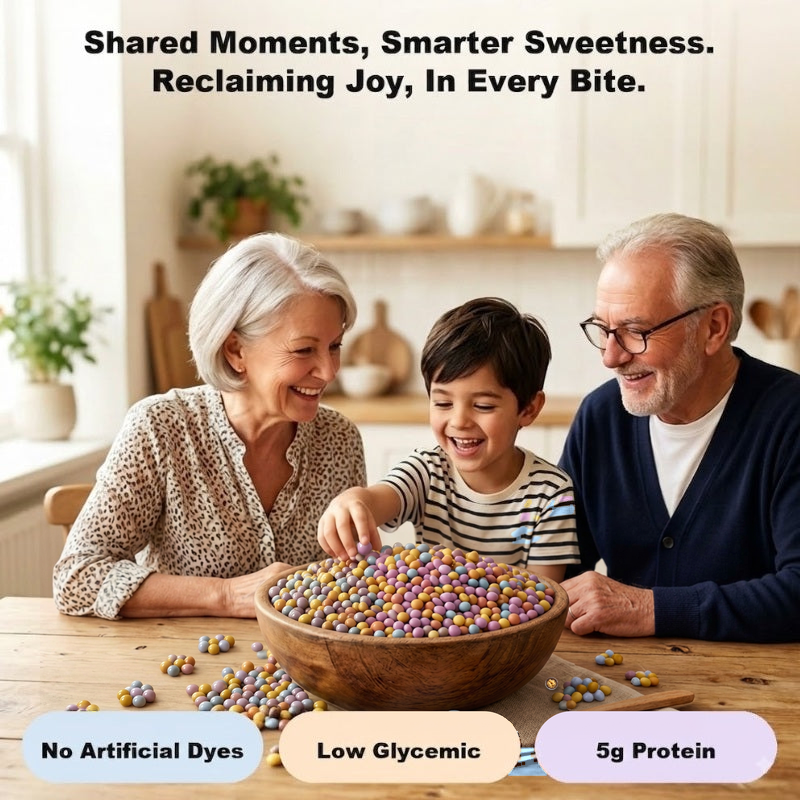 Grandparents and grandson sharing a wooden bowl of POINTS! Dark Chocolate Crunch mini candies at the kitchen table