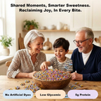 Grandparents and grandson sharing a wooden bowl of POINTS! Dark Chocolate Crunch mini candies at the kitchen table