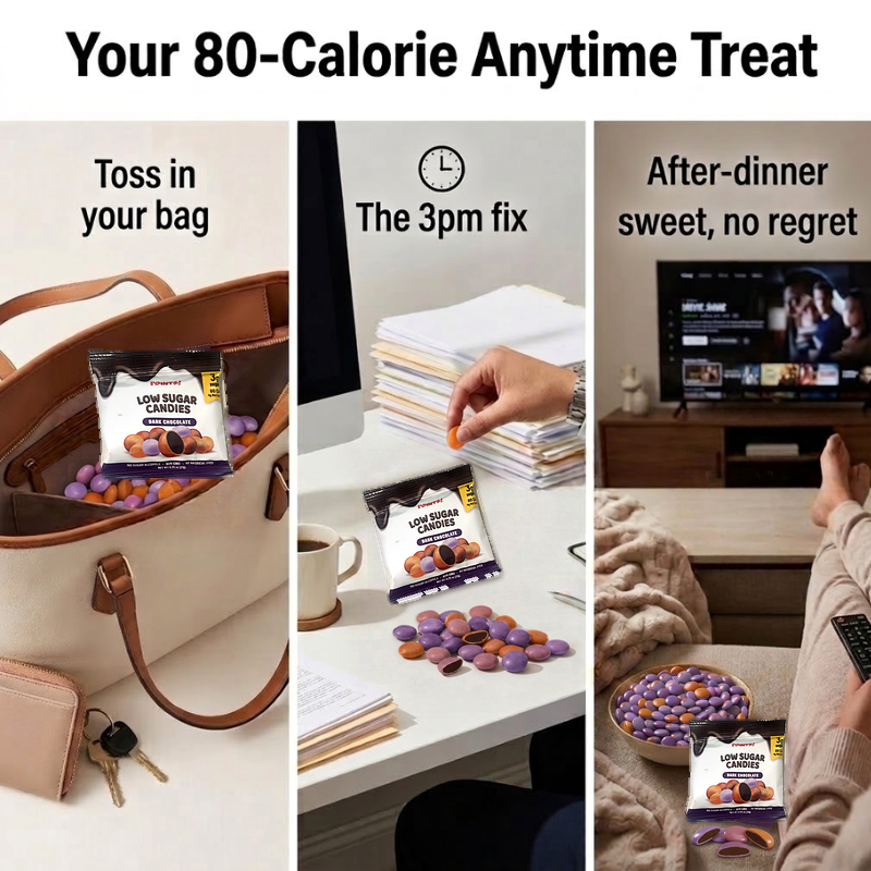 Your 80-calorie anytime treat: POINTS! Dark Chocolate packs in a tote bag, at a desk for the 3pm fix and on the couch after dinner