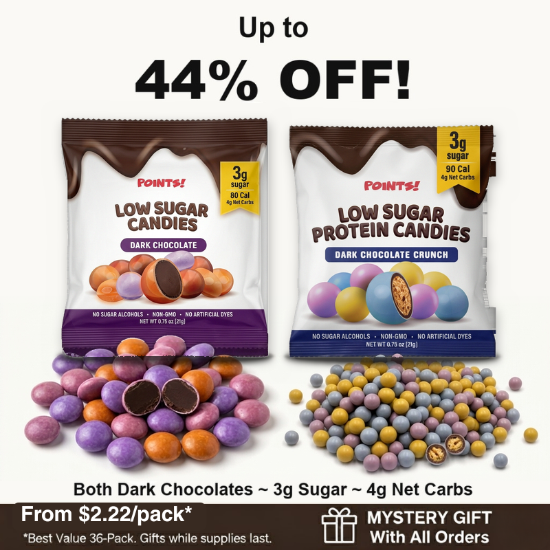 POINTS! Dark Chocolate and Dark Chocolate Crunch packs with piles of both candies: 3g sugar and 4g net carbs each, up to 44% off, from $2.22 a pack