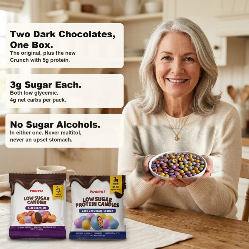 Smiling woman holding a bowl of POINTS! candies with both snack packs: two dark chocolates in one box, 3g sugar each, no sugar alcohols