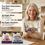 Smiling woman holding a bowl of POINTS! candies with both snack packs: two dark chocolates in one box, 3g sugar each, no sugar alcohols