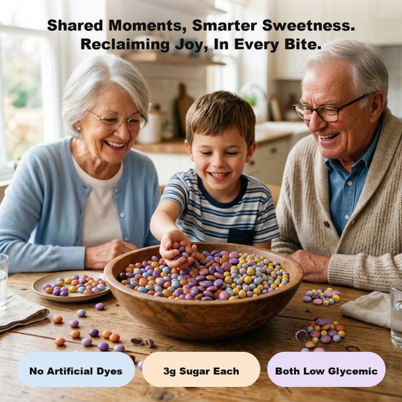 Grandparents and grandson sharing a bowl of mixed POINTS! Dark Chocolate and Crunch candies at the table
