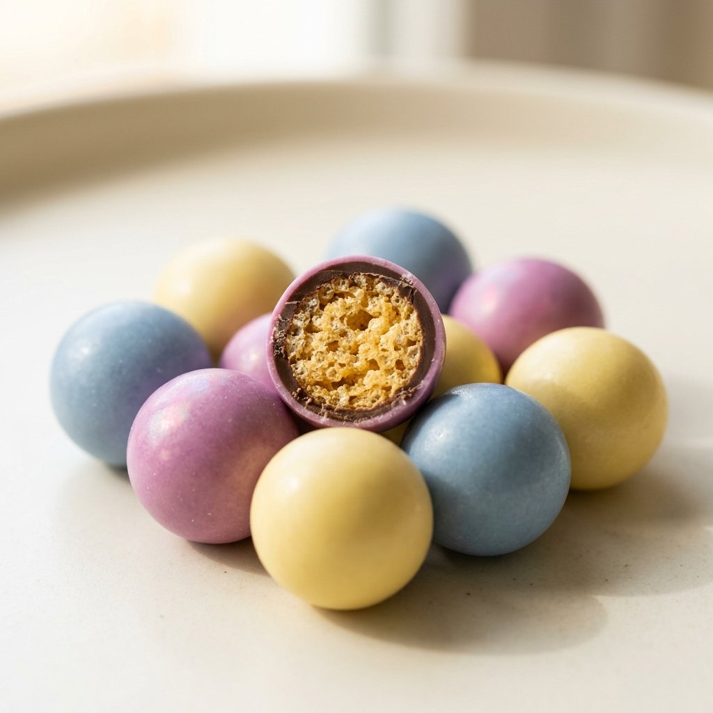 A Dark Chocolate Crunch candy cut open showing the golden toasted crispy center