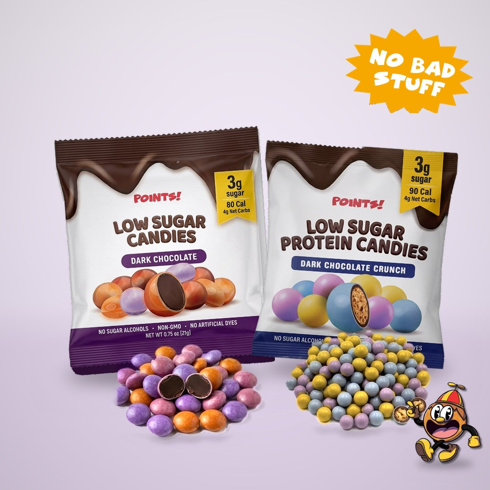 POINTS! Dark Chocolate and Dark Chocolate Crunch low sugar candy packs with a pile of each candy