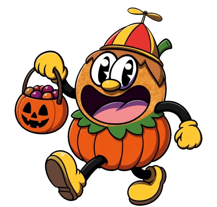 Ace dressed as a pumpkin, holding a trick-or-treat pail