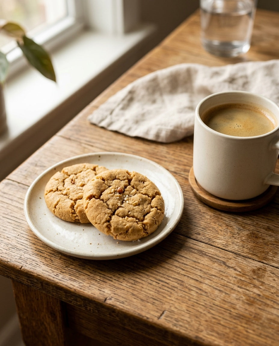 Peanut butter protein cookies on a plate next to a cup of coffee