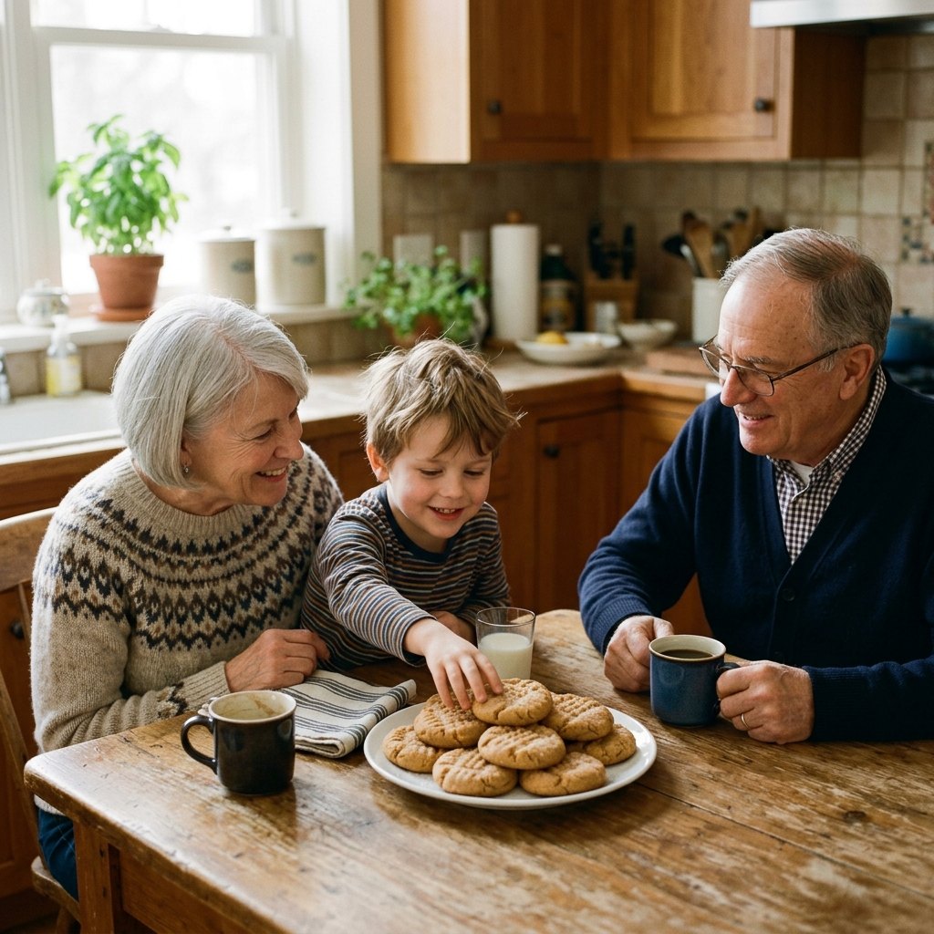 Grandparents and a young boy sharing a plate of soft-baked peanut butter protein cookies at the kitchen table
