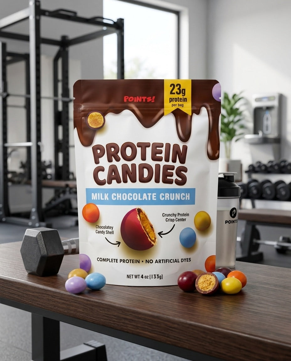 Protein Candies pouch on a gym bench with a dumbbell and shaker