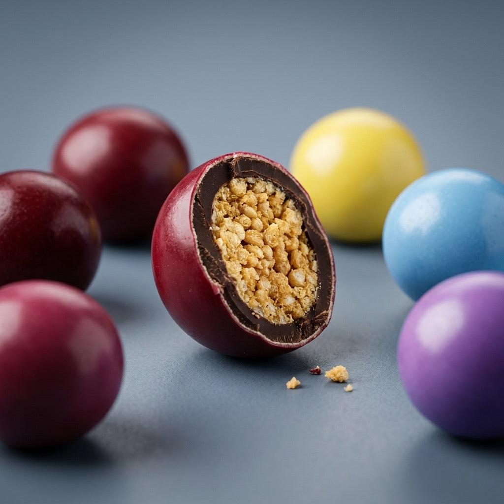 Protein candy split open showing the golden crunchy protein-crisp center