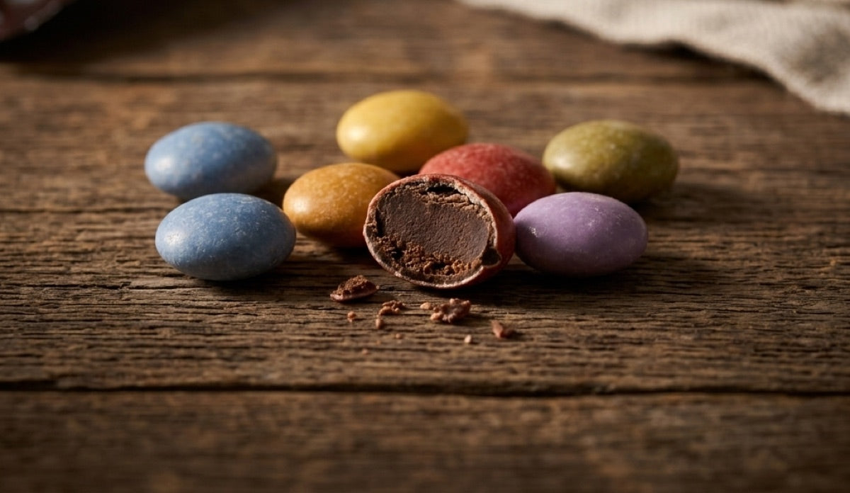 Real dark chocolate center, low glycemic, no artificial dyes.
