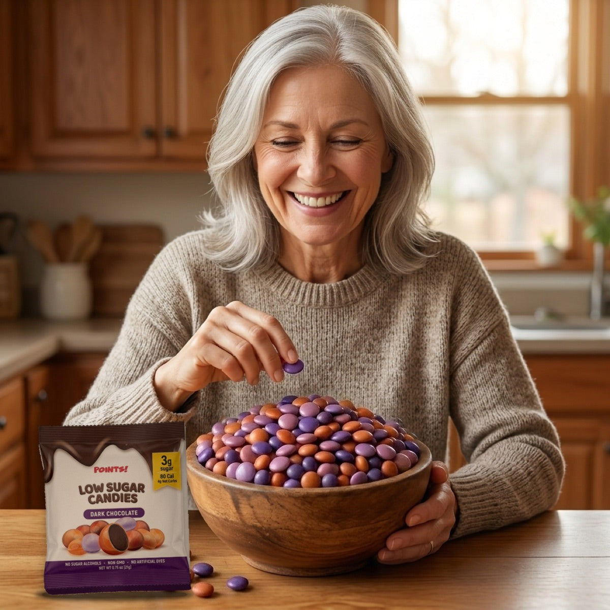 Smiling woman reaching into a bowl of POINTS! Dark Chocolate candies at her kitchen table